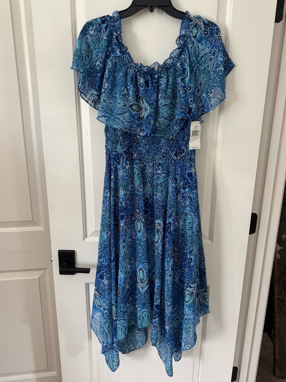 NWT Women’s Asymmetrical Blue Paisley Off-Shoulder Dress